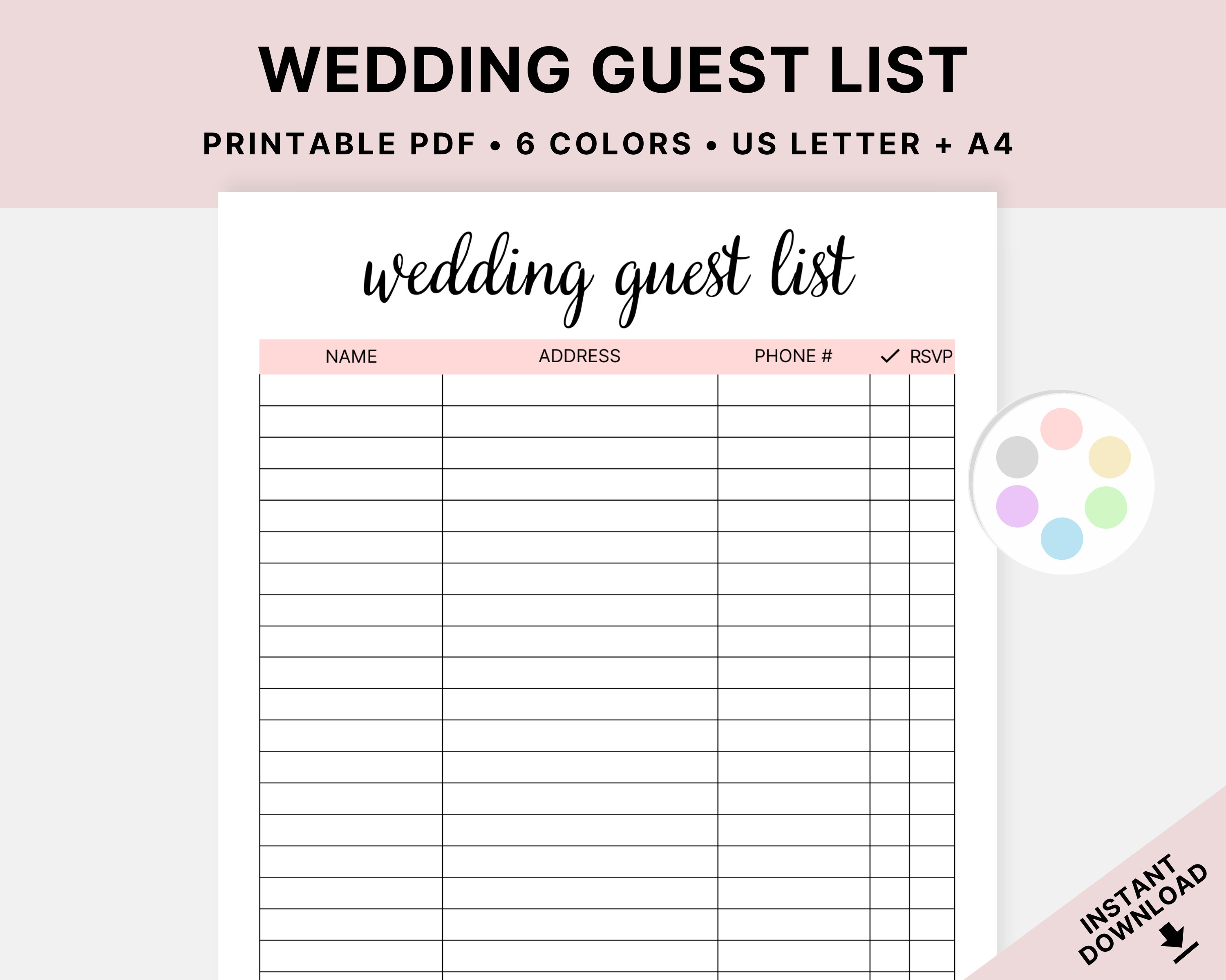 Guest List Guest List Tracker Printable Guest Sheet -  Portugal