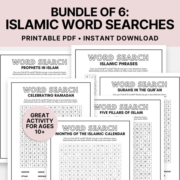 Printable Islamic Word Searches Bundle of 6, Fun Ramadan Activities, Muslim Kids Ages 10+, Islamic Educational Worksheets, Digital Download