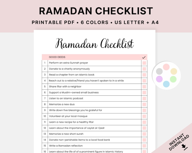 Printable Ramadan Checklist, Ramadan 20 Good Deeds Tracker for Adults, Spiritual Growth, Print ...