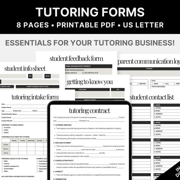 Printable Tutoring Forms, Tutoring Business Essentials, 8 Pages, Tutor Planner, Tutoring Starter Kit, Tutor Contract, Instant Download, PDF