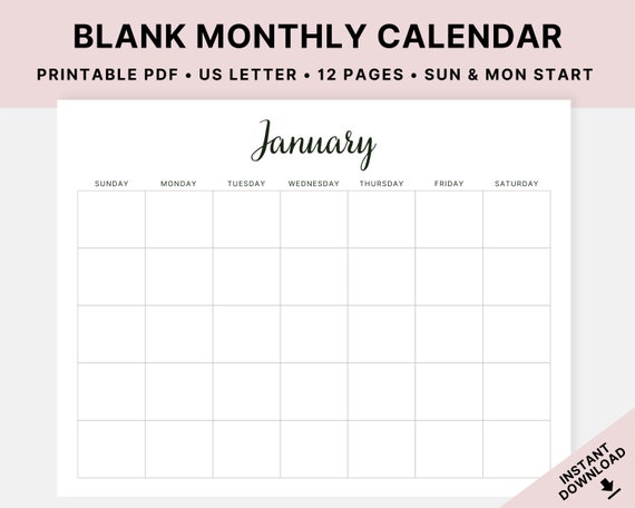 Printable Blank Monthly Calendar Sunday & Monday Start | Etsy