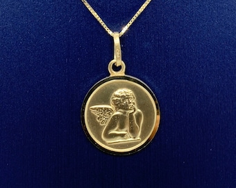 Guardian Angel Pendant 14k Gold Charm,14k Yellow Gold Wheat Necklace, Gold Guardian Angel/Cherub Necklace with Box chain 16", 18", 20"
