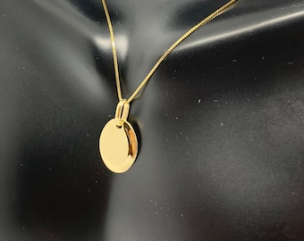 14k Solid Gold Oval Disc/Dog Tag pendant/charm Minimalist Necklace  14K Oval Tag with Custom Engraving Box chain 16"-24"