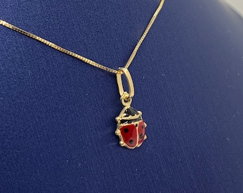 14K Solid Gold Ladybug Charm Necklace: Red Black Enamel Pendant