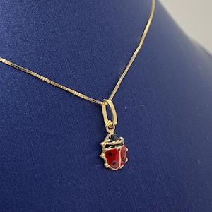 Solid 14K Gold Enamel Ladybug Charm 14K Gold Red Black Enamel Ladybug Charm pendant Minimalist necklace with Box Chain  16" 18" 20"