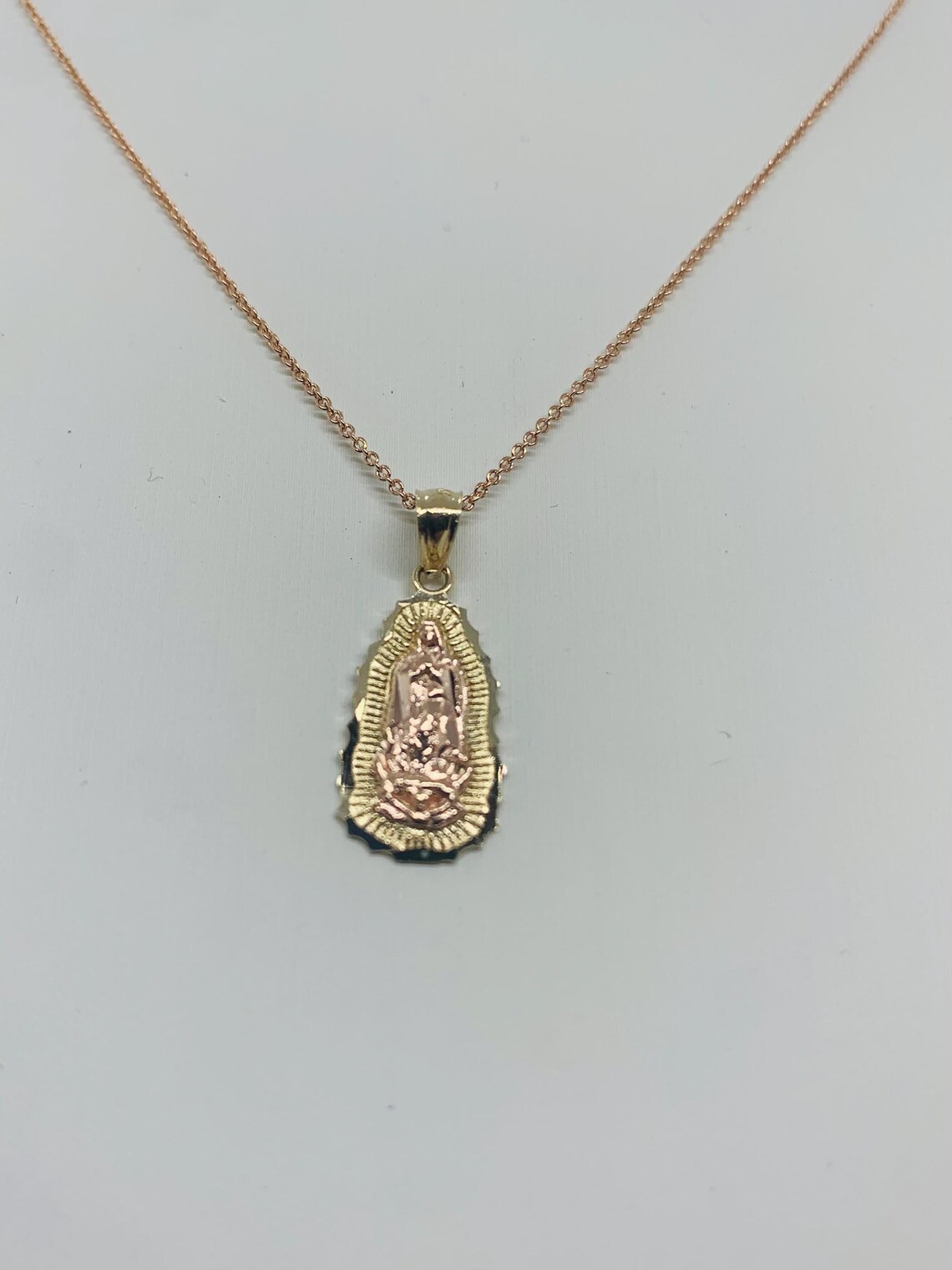 14K Two-tone Gold Virgin Mary Pendant With Rose Gold Rollo Chain - Etsy