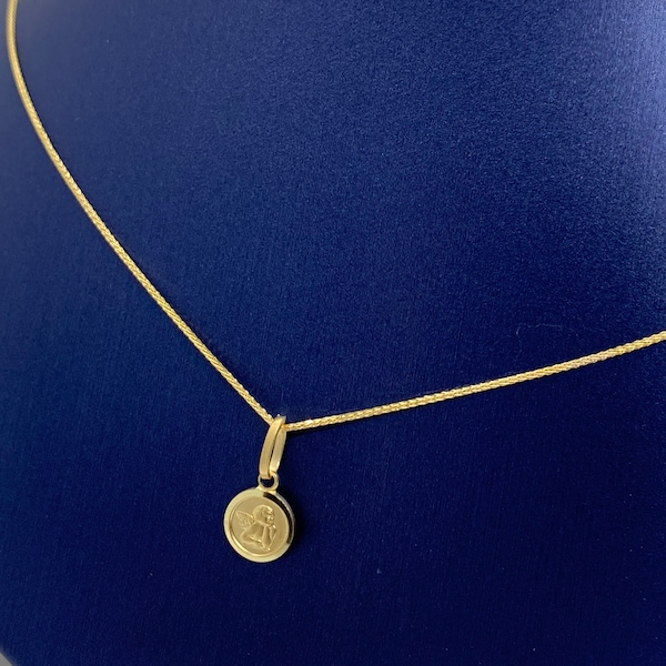 14k Gold Guardian Angel Necklace: Solid Yellow Gold Wheat Chain