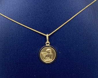14k Gold Guardian Angel Necklace: Solid Gold Cherub Pendant, Wheat Chain