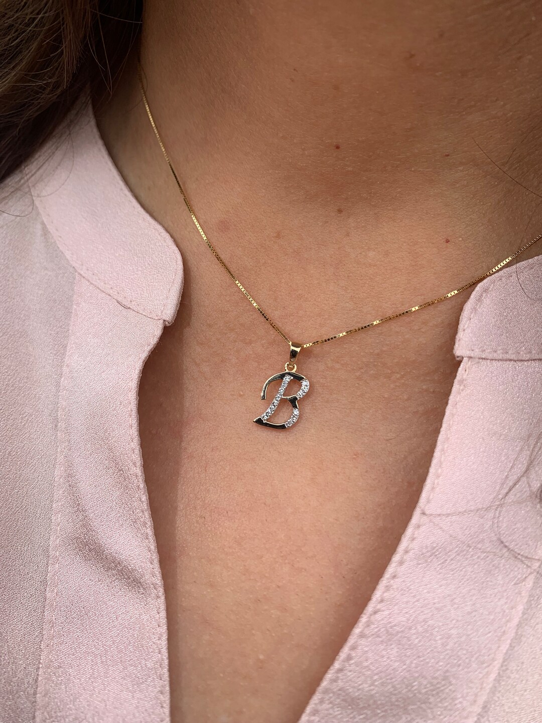 14K Solid Gold Diamond Pendant Initial Letter Charm AZ Necklace With