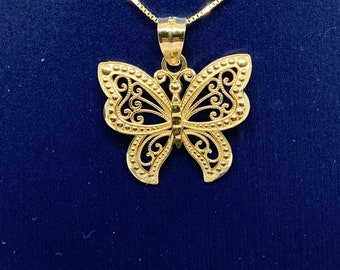14K Solid Gold Butterfly Pendant - Filigree Charm Necklace
