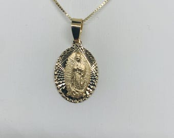 14K Solid Gold Our Lady of Guadalupe Pendant Necklace