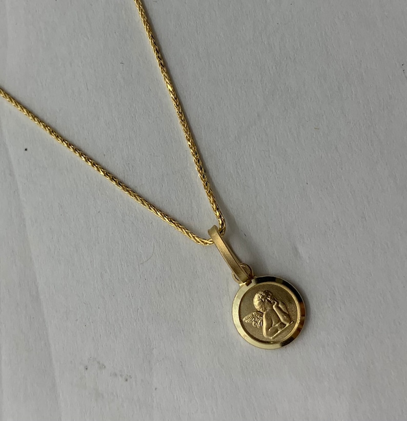 14k Gold Guardian Angel Necklace: Solid Yellow Gold Wheat Chain afbeelding 8