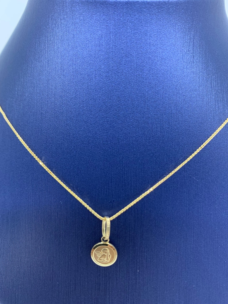 14k Gold Guardian Angel Necklace: Solid Yellow Gold Wheat Chain afbeelding 6