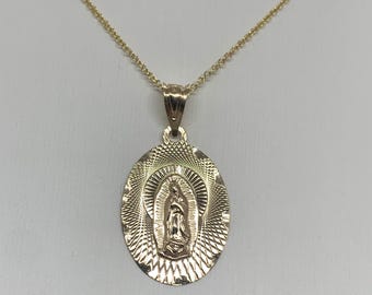 14k Solid Gold Virgin Mary Pendant Necklace: Religious Charm