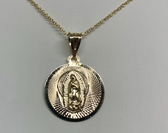 14K Solid Gold Virgin Mary Pendant Necklace: Religious Charm