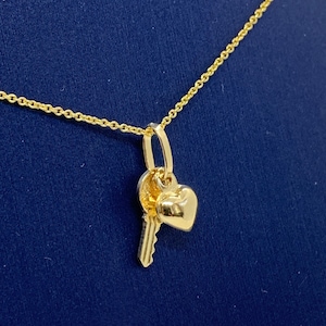 Key and Puffed Heart Pendant 14k Yellow Gold Key & Puffed Heart minimalist  Necklace with Rolo chain 16&quot; 18&quot; 20&quot; Bridesmaid Gifts