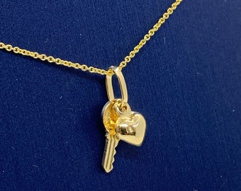 Key and Puffed Heart Pendant 14k Yellow Gold Key & Puffed Heart minimalist  Necklace with Rolo chain 16" 18" 20" Bridesmaid Gifts