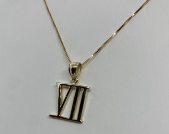 14K Solid Gold Roman Numeral VII Pendant, Minimalist Box Chain