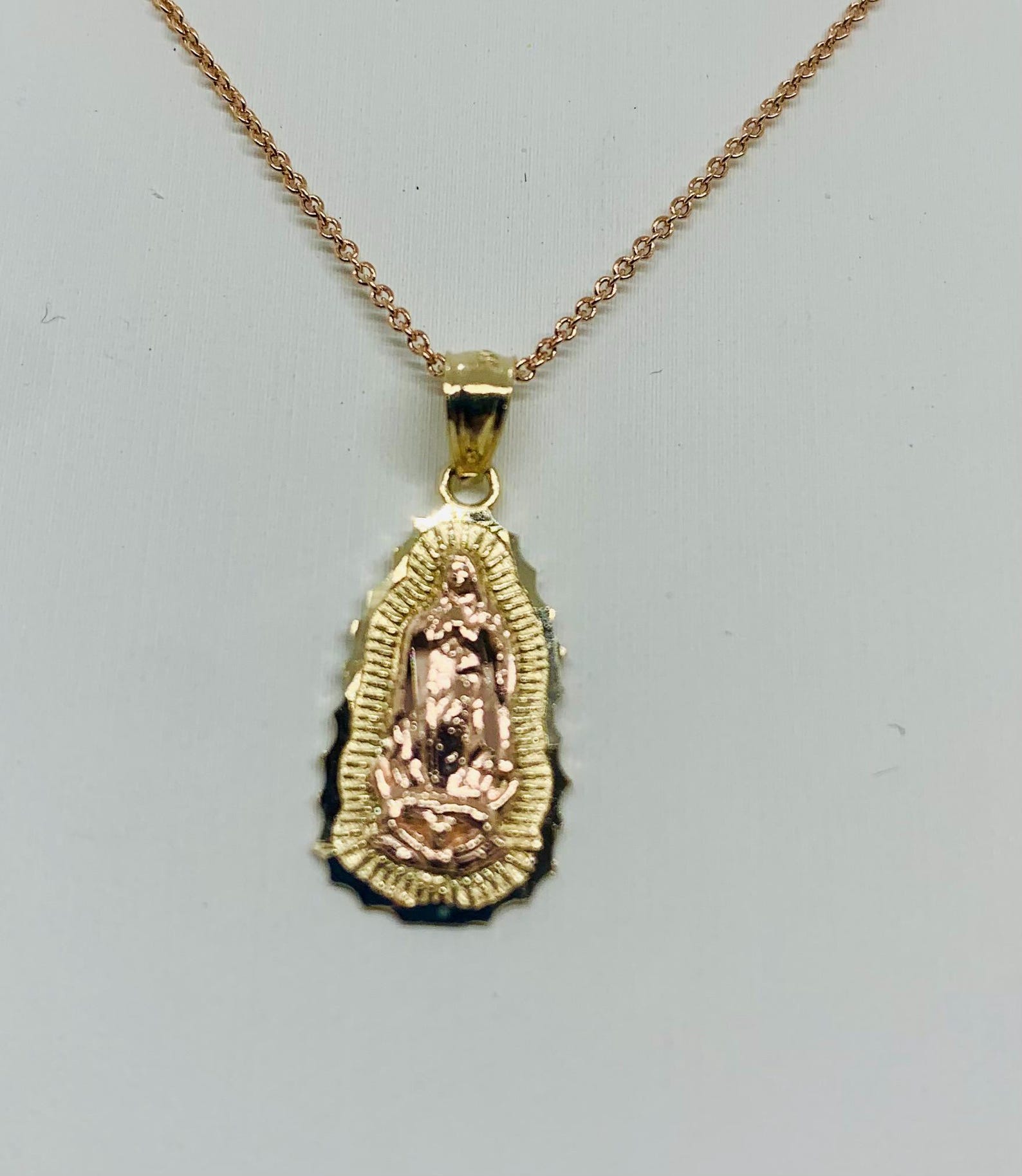 14K Two-tone Gold Virgin Mary Pendant With Rose Gold Rollo Chain - Etsy