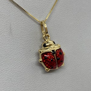 Solid 14K Gold Enamel Ladybug Charm 14K Gold Red Black Enamel Ladybug Charm pendant Minimalist necklace with Box Chain  16&quot; 18&quot; 20&quot; 22&quot; &24&quot;
