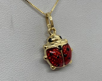14K Gold Ladybug Charm Necklace: Red Black Enamel Pendant