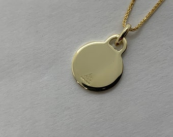 14k Solid Gold Round Tag Necklace: Custom Engraved Pendant, Wheat Chain
