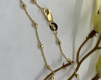 14K Solid Gold Beaded Bracelet: Dainty Faceted Rolo Chain