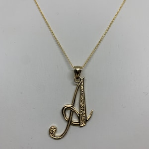 14K Solid Gold Initial Pendant Necklace, Cursive Letter Charm
