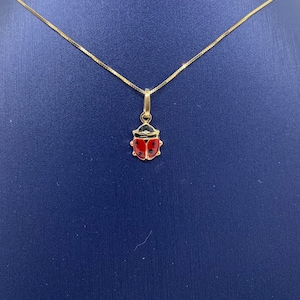 Solid 14K Gold Enamel Ladybug Charm 14K Gold Red Black Enamel Ladybug Charm pendant Minimalist necklace with Box Chain  16&quot; 18&quot; 20&quot;