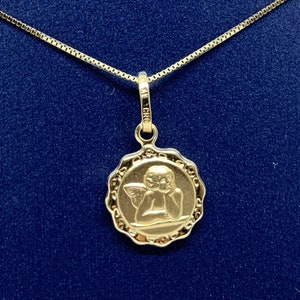 Guardian Angel Pendant 14kGold Puffed Charm,14k Yellow Gold Box Necklace, Gold Guardian Angel/Cherub Necklace with Box chain 16&quot;,18&quot;, 20&quot;