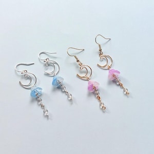 Blue/purple moon jellyfish dangle earrings | nickel-free and lightweight, handmade ocean mermaid earrings, crescent moon earrings