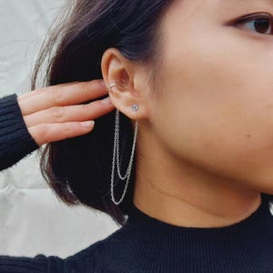Gold/silver cuff chain earrings - no cartilage piercing, cubic zirconia, stainless steel/sterling silver/gold-finished
