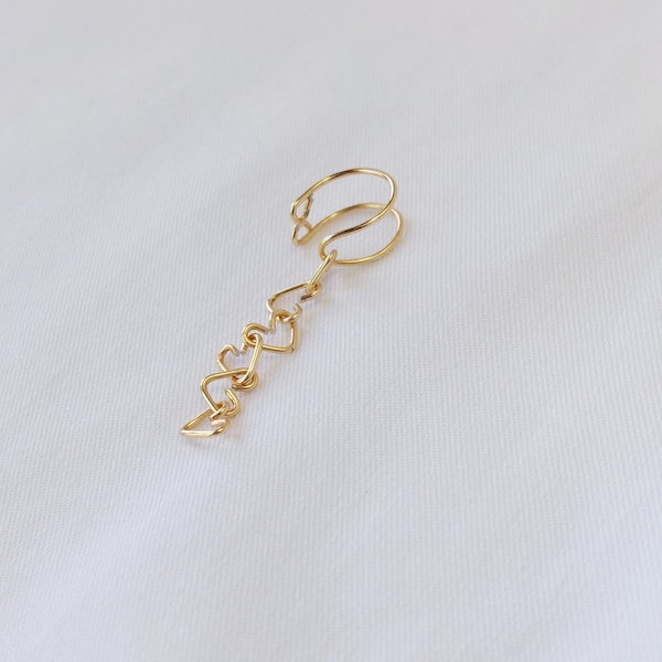 Gold Dangle Ear Cuff // Sold SINGLY, Nickel-free heart ear cuffs, No piercing earring, Minimalist love-themed jewelry