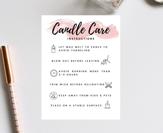 Editable Candle Care Card, Printable Candle Care Template, Pink Watercolor  Candles Care Guide, Candle Safety Card Design, Instant, PW-001