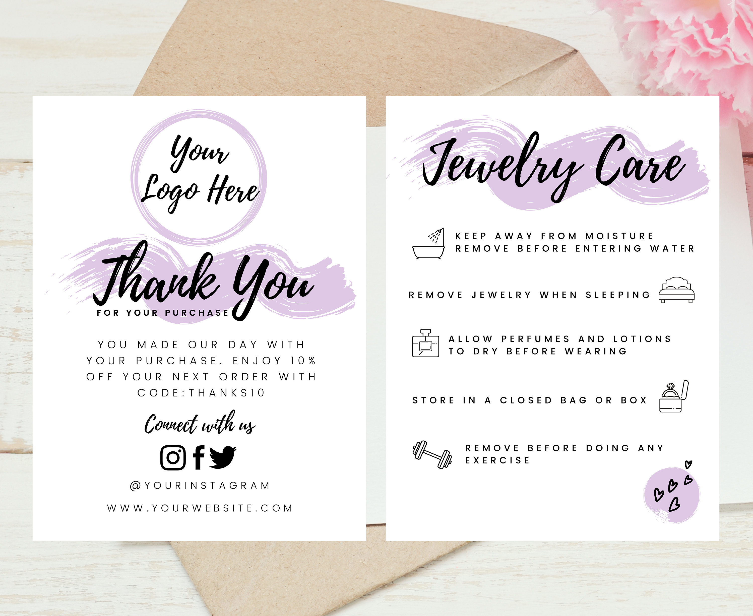 Editable Jewelry care card guide and thank you card Etsy