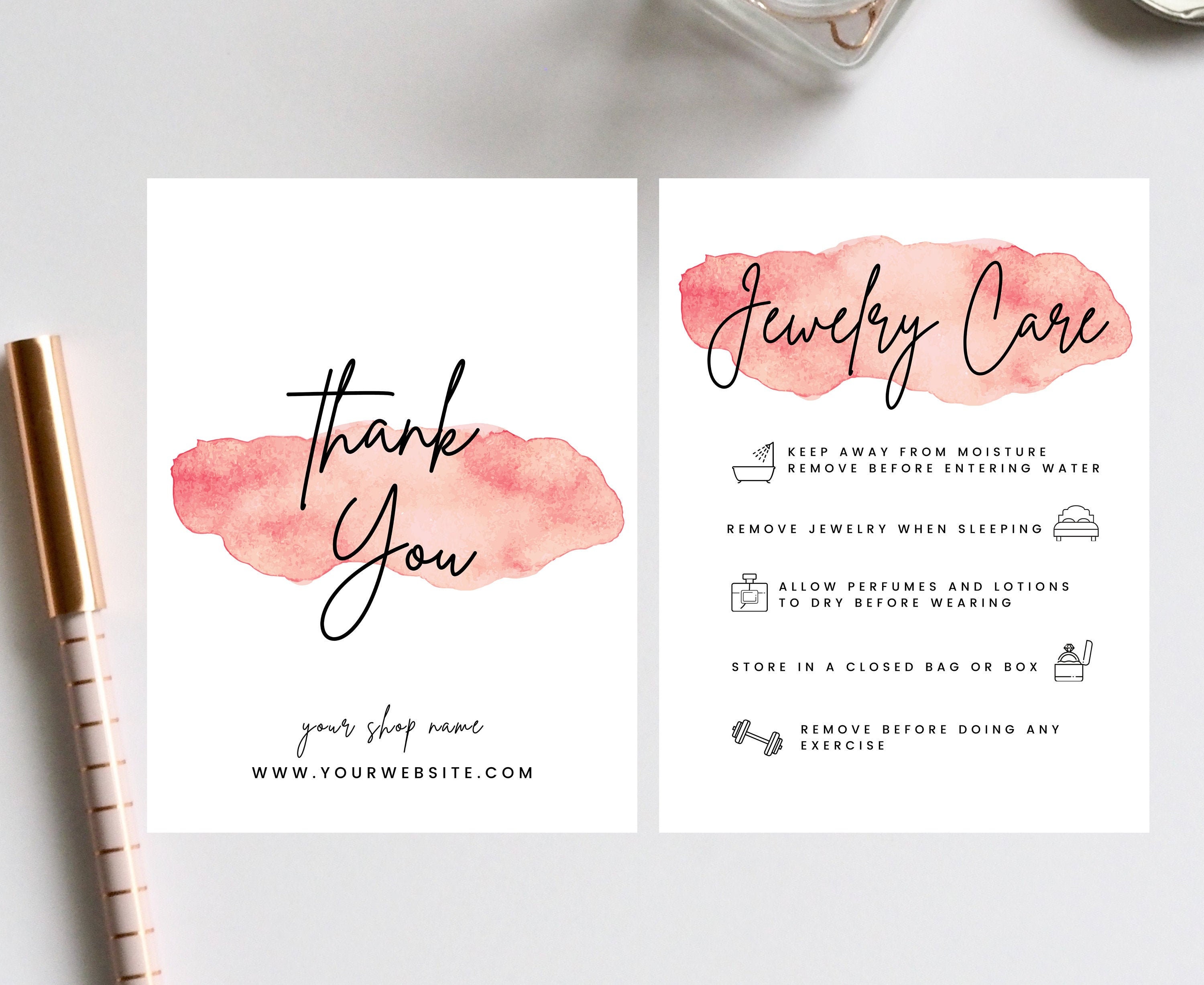 Editable Jewelry Care Card Guide and Thank You Card Etsy UK