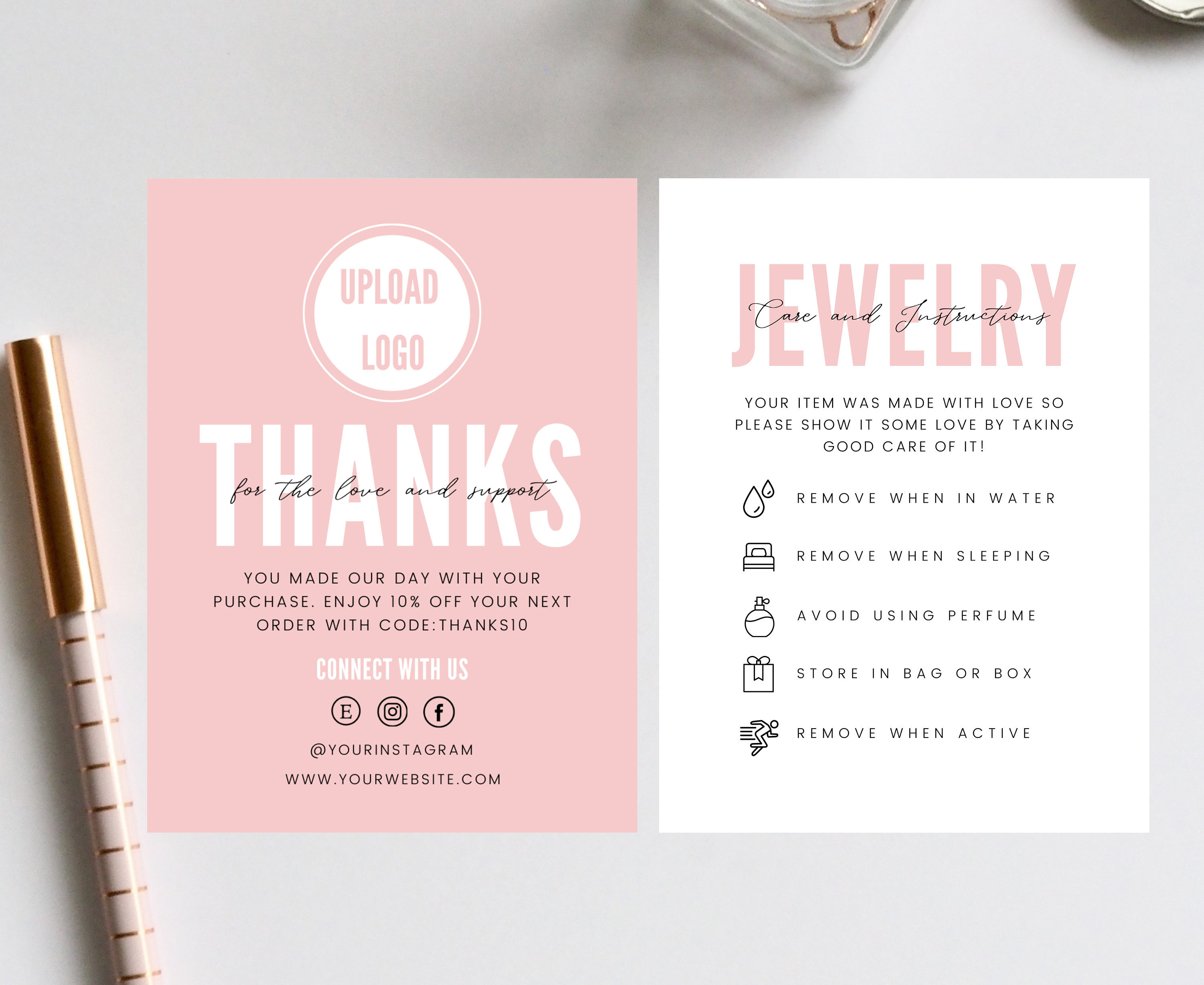 Pink Permanent Jewelry Care Card Template, DIY Permanent Jewelry