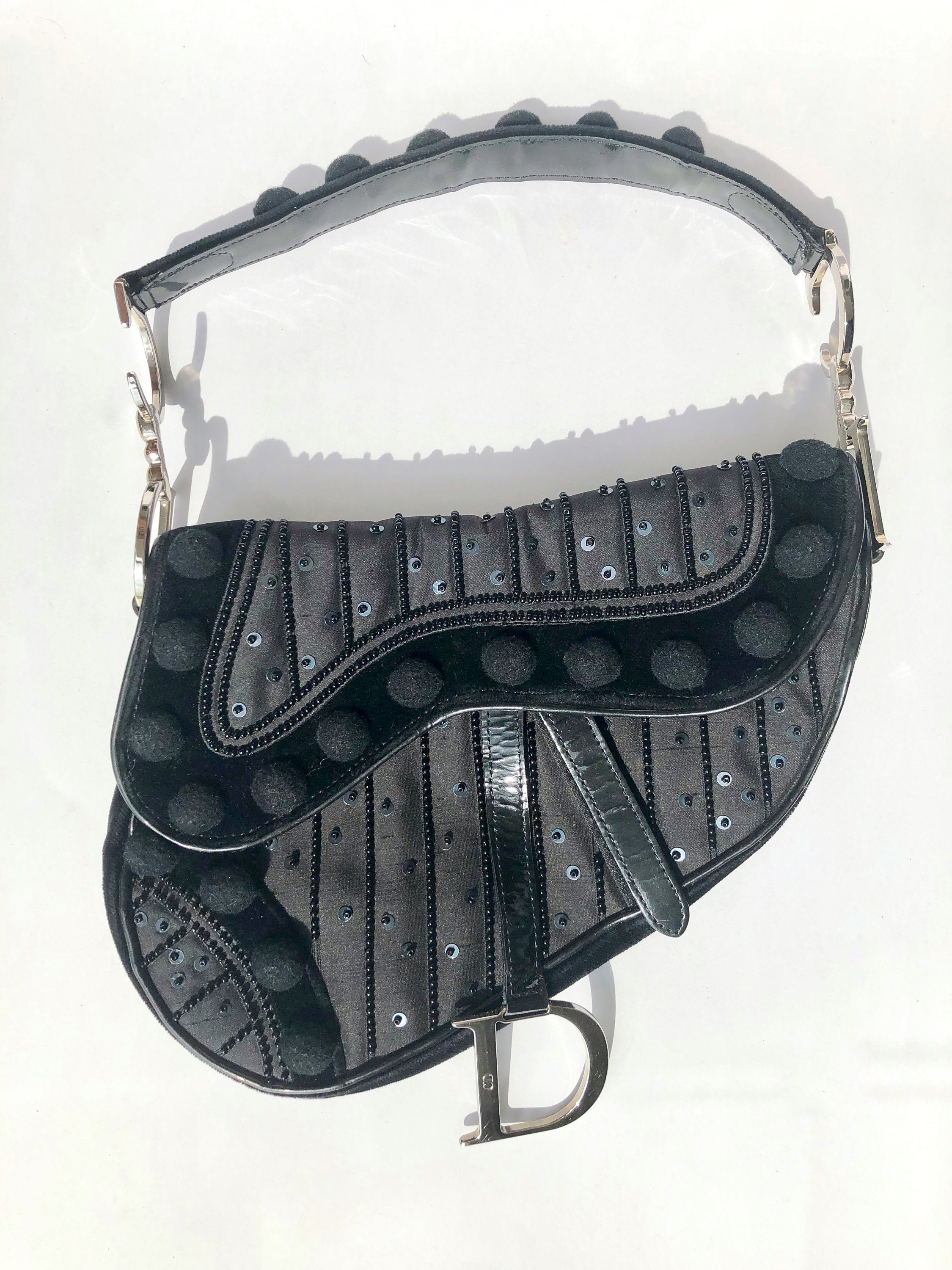 Dior Saddle Limited Edition Velvet Bag With Pom Poms in Black 