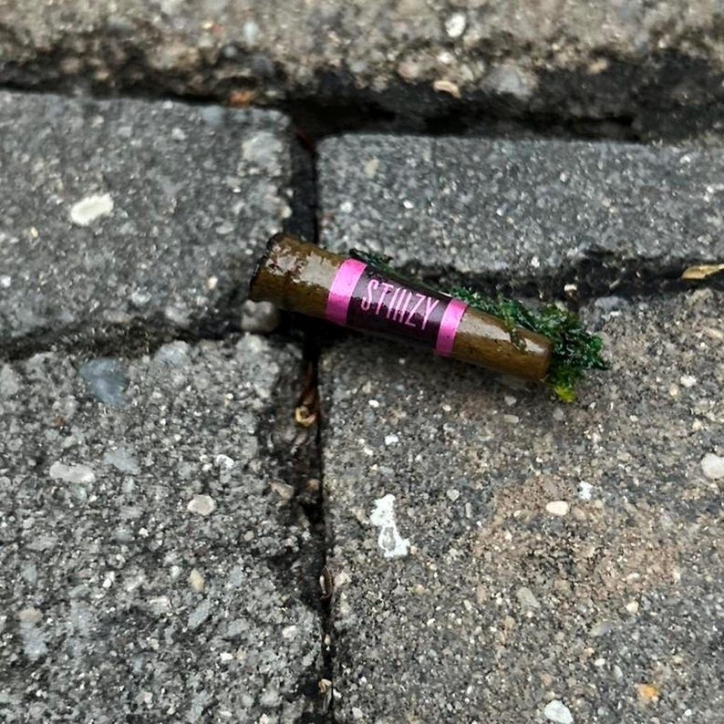 Puede incluir: Un objeto cil&iacute;ndrico marr&oacute;n con una etiqueta rosa y blanca que dice "STIIIZY" descansa sobre una superficie gris texturizada. Materia vegetal verde cubre parcialmente el objeto. La imagen est&aacute; tomada al aire libre.