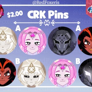 May include: A collection of CRK pins featuring various character designs. The pins showcase detailed illustrations of anime-style characters with different hairstyles, expressions, and headgear. The color palette includes shades of pink, white, black, and red. The image also includes the text "CRK Pins".