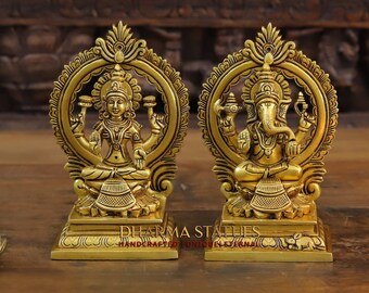 Messing Yaksha Chakra Lakshmi Ganesha Paar mit Diya und Räucherbrenner - Südindisch Make - Nur an Dharm | TempelIdolen