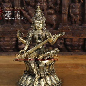 Brass Veena Sarasvati ( Maa Sharda) Sitting on Lotus Flower-South India Make-Best of-Home-Office-Temple-Dharma Exclusive