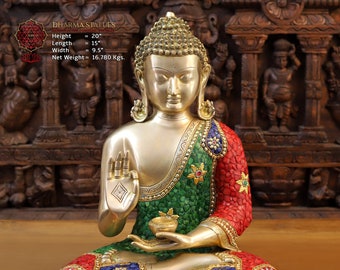 Messing Kundl Segen Buddha sitzend auf erden - In Halbedelstein-Arbeit - Dharma Exclusive