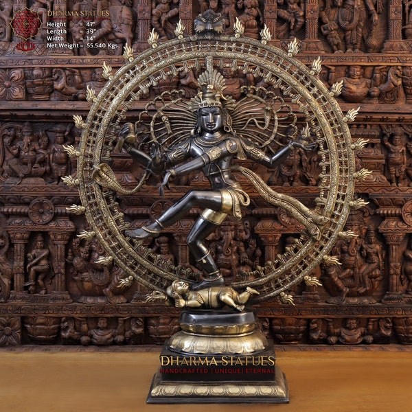 Brass Adhikrupvatam Anand Nataraja (Dancing Lord Shiva) - Made in Thanjavur, South India - Opulent Black & Gold Finish - Big Nataraja Statue