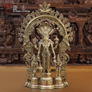Brass Urja Vishnu (Lord Balaji) on an Elaborated Yaksha Maharaja Pedestal - Made in Thanjavur, South India - Temple Idol - Only at Dharma