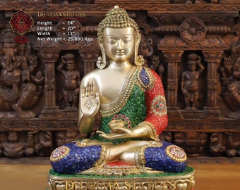Messing Segen Buddha ruhend auf einer Lotus-Plattform - Juweliert in Halbedelstein-Arbeit - Dharma Exclusive