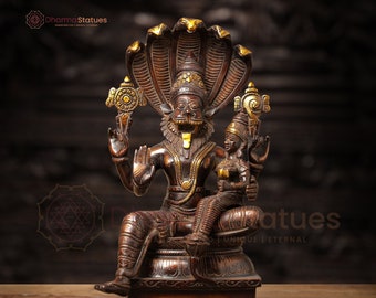 Brass Mighty Narsimha (A Divine Form of Lord Vishnu) Adorning a Snake King - Dark Copper and Gold Finish - Made in Tirumala, South India