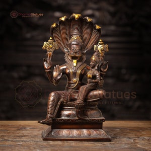 Brass Mighty Narsimha (A Divine Form of Lord Vishnu) Adorning a Snake King - Dark Copper and Gold Finish - Made in Tirumala, South India