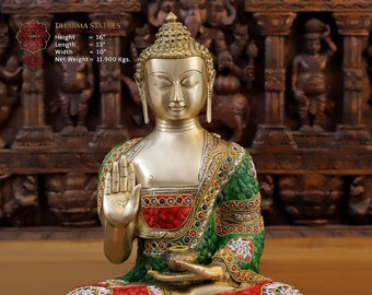 Messing Segen Buddha auf erden sitzend - In Halbedelstein-Arbeit - Dharma Exclusive