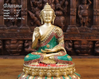 Messing Segen Buddha ruht auf einer Lotus Plattform - Jeweled in Halbedelstein Arbeit - Dharma Exklusiv